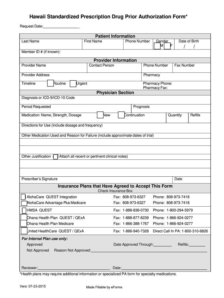 2015 2022 HI Standardized Prescription Drug Prior Authorization Form