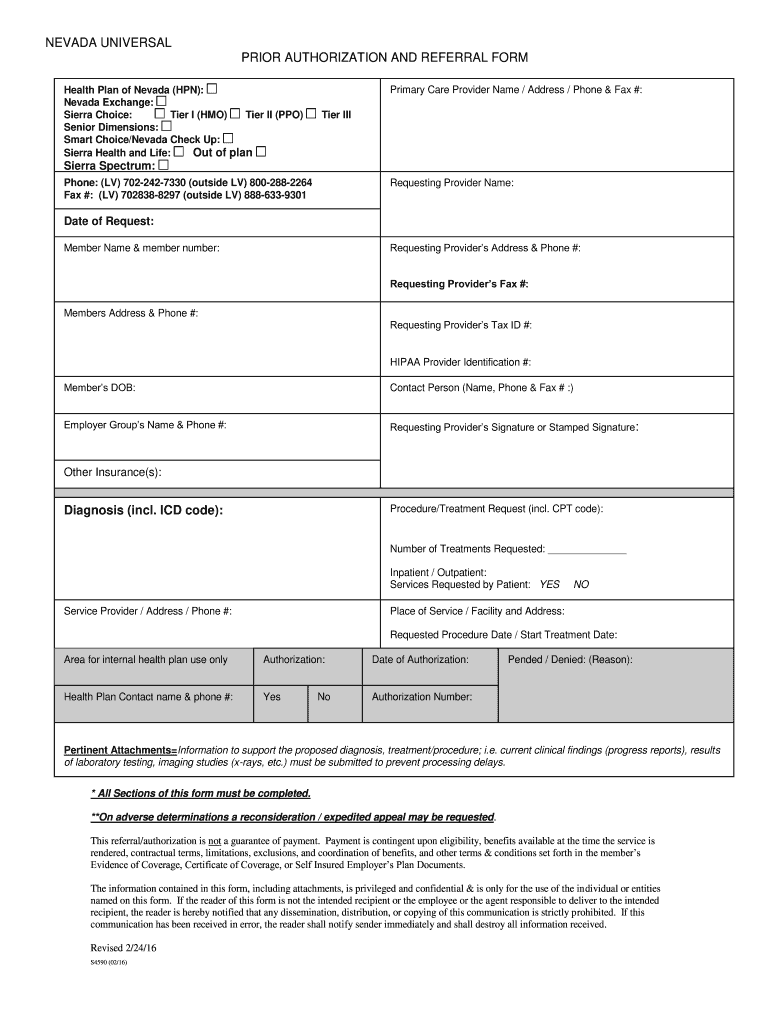 2016 2022 NV Prior Authorization And Referral Form Fill Online 