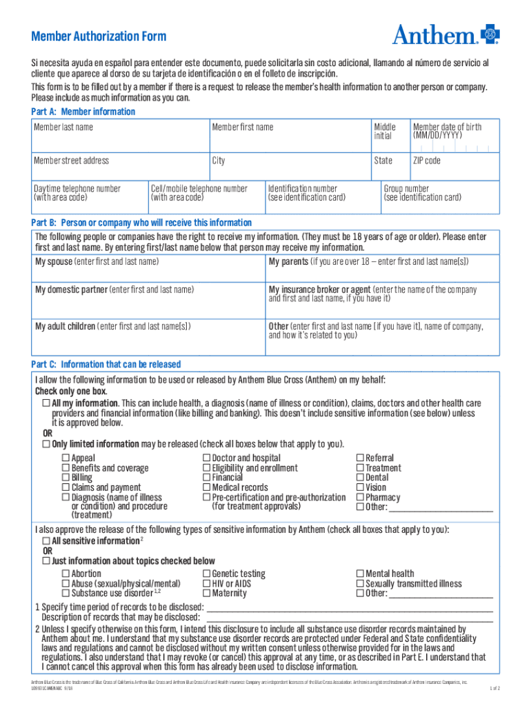 2018 2022 Anthem Member Authorization Form Fill Online Printable 