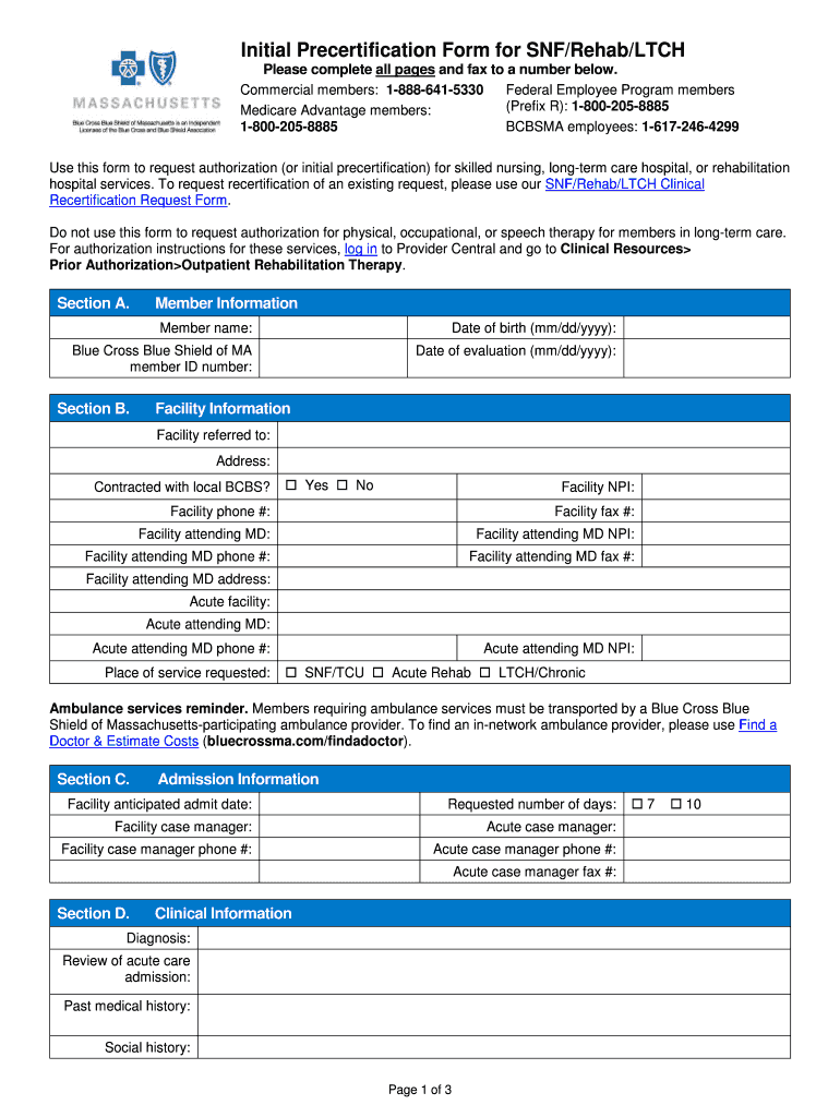 2019 2022 MA Blue Cross Initial Precertification Form For SNF Rehab 