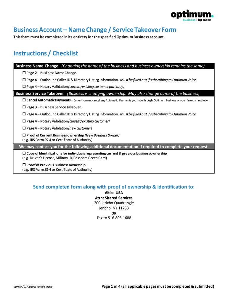 2019 2022 Optimum Business Account Name Change Service Takeover Form 