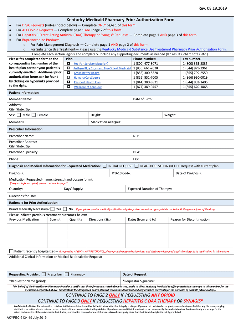 2019 KY Anthem Medicaid Pharmacy Prior Authorization Form Fill Online