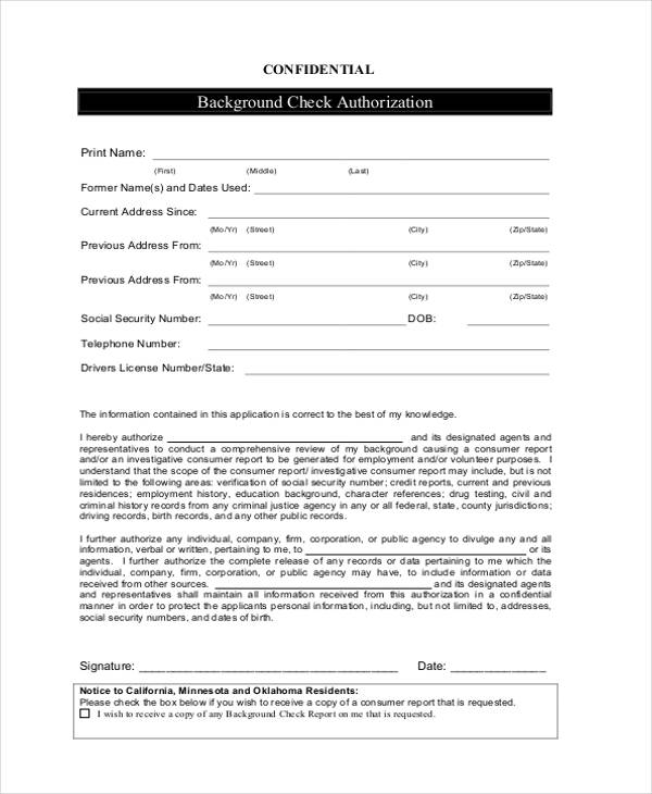 50 PDF AUTHORIZATION FORM BACKGROUND CHECK PRINTABLE DOWNLOAD DOCX 