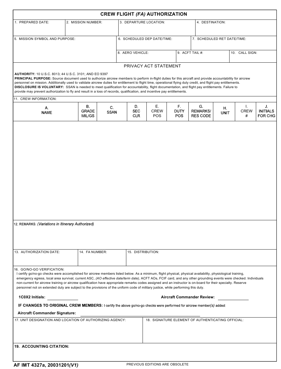 AF IMT Form 4327A Download Fillable PDF Or Fill Online Crew Flight FA