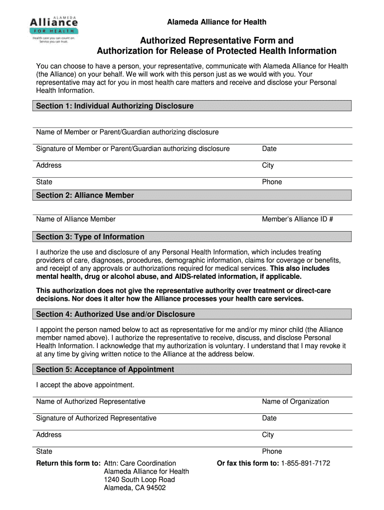 Alameda Alliance For Health Authorized Representative Form And 