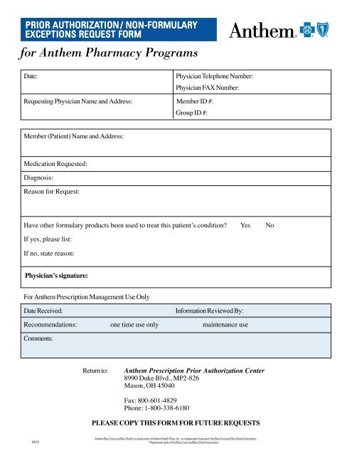 Anthem Prior Authorization Non Formulary Exceptions Request Forms