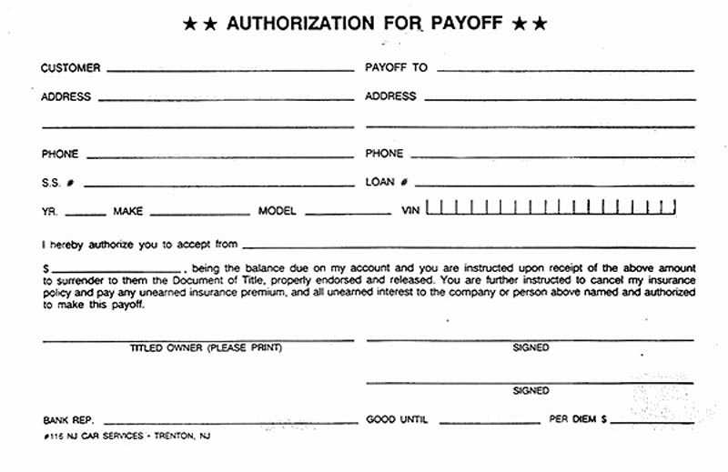 Authorization For Payoff NJ CAR Services