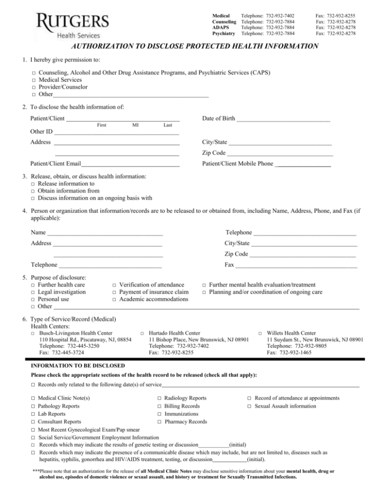 Authorization To Disclose Protected Health Information Form 0417