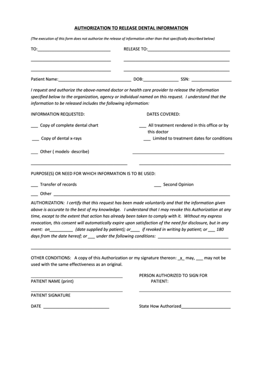 Authorization To Release Dental Information Printable Pdf Download