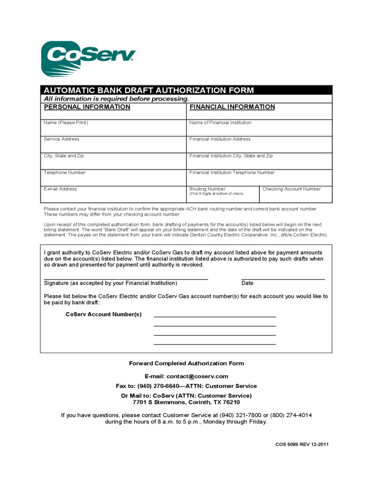 Automatic Bank Draft Authorization Form CoServ Free Download