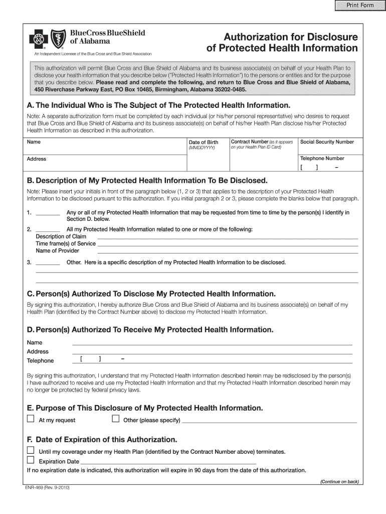 Bcbs Of Alabama Authorization For Disclosure Of Protected Health 