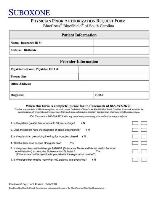 Bcbs Suboxone Physician Prior Authorization Request Form Printable Pdf