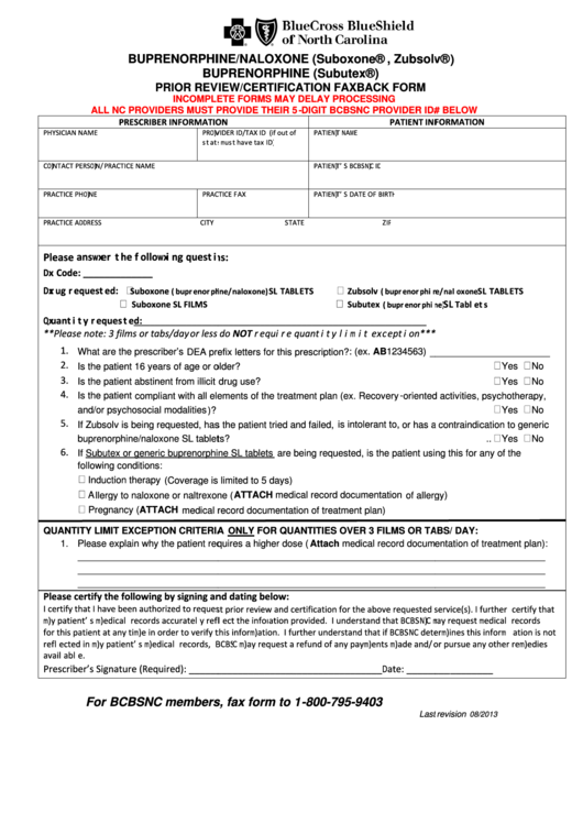 Bcbsnc Prior Review certification Faxback Form Printable Pdf Download