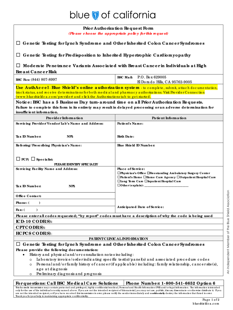 CA Blue Shield Prior Authorization Request Form Genetic Testing Fill 