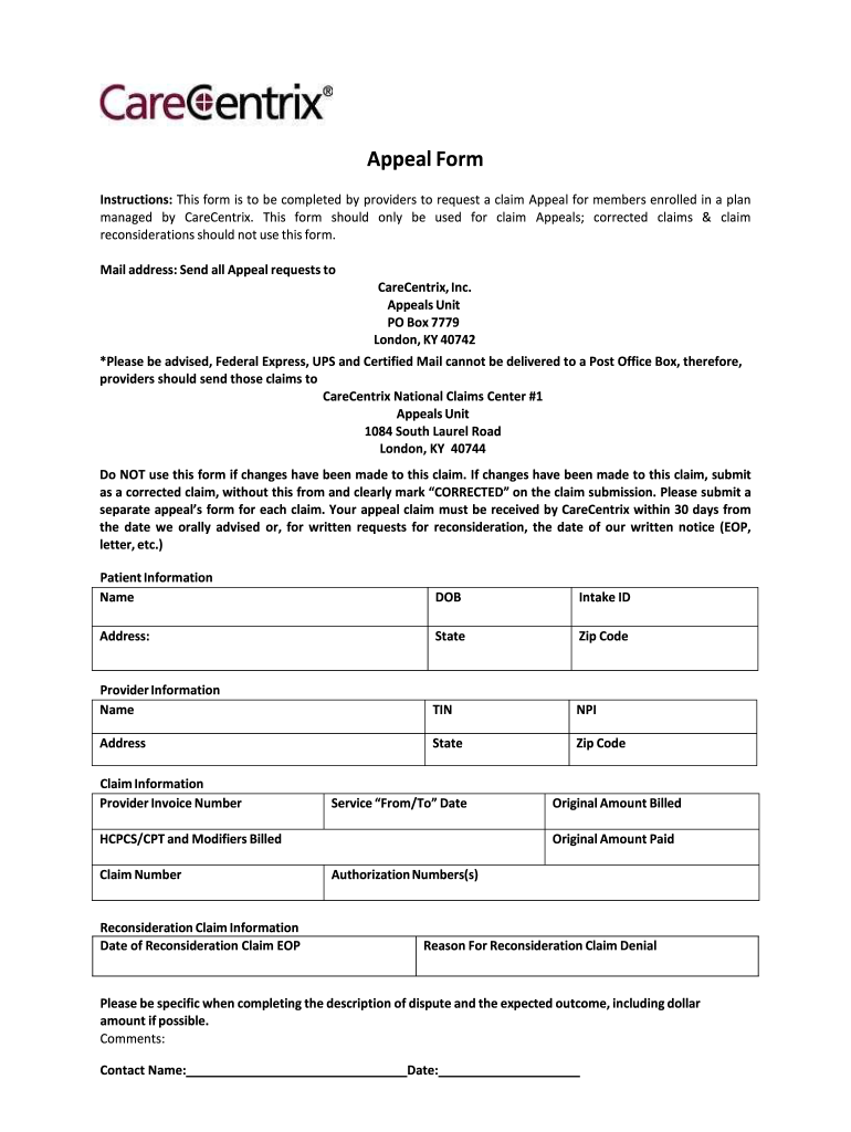 Carecentrix Appeal Form Fill Out Sign Online DocHub
