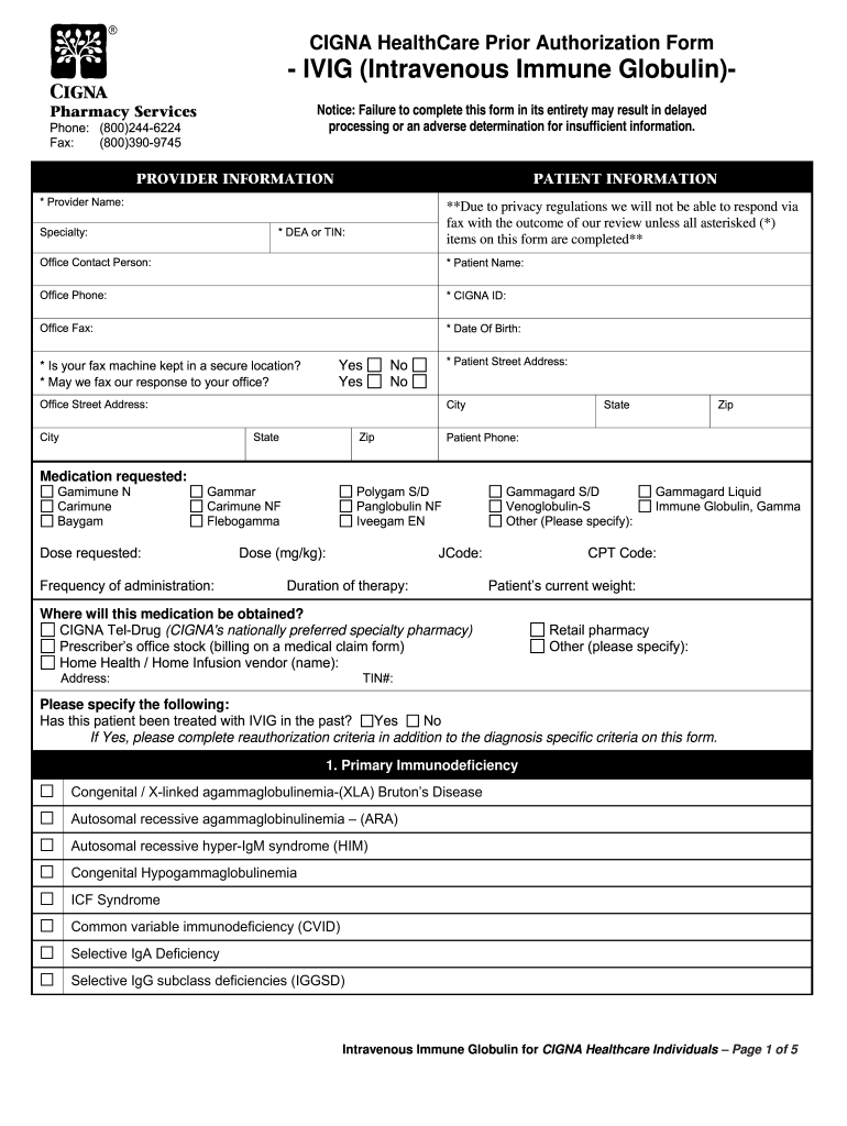 Cigna Ivig Prior Authorization Form Fill Online Printable Fillable 