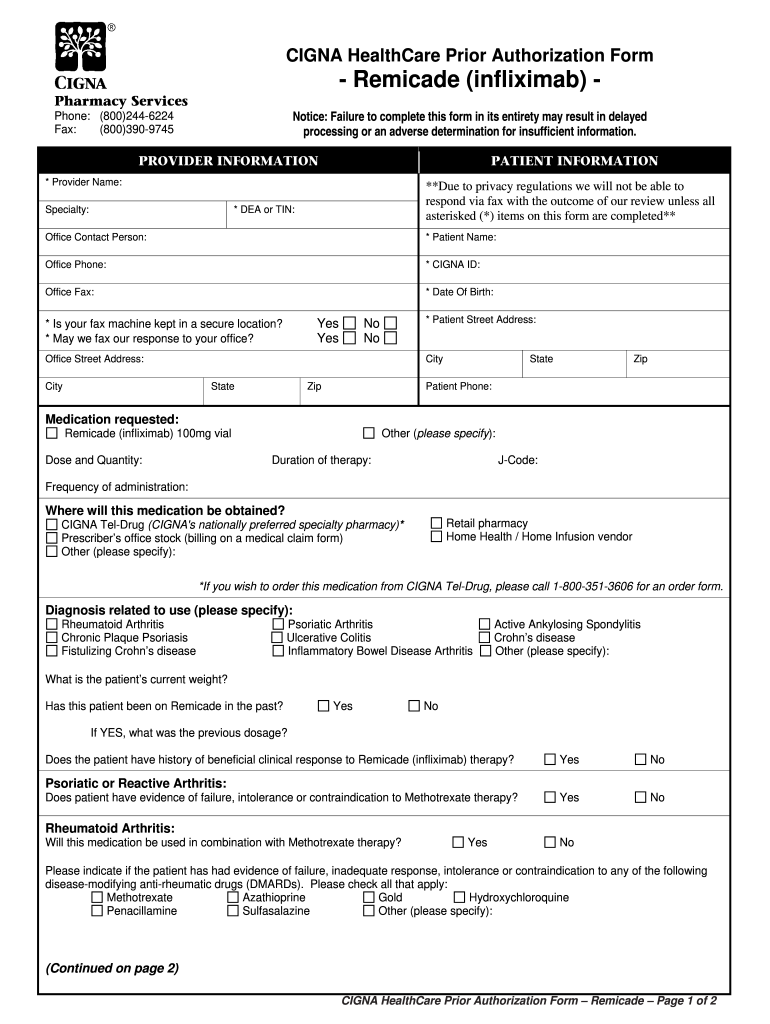 Cigna Remicade Prior Authorization Form Fill Out Sign Online DocHub