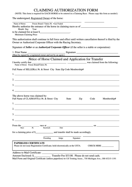 Claiming Authorization Form Scarborough Downs Printable Pdf Download