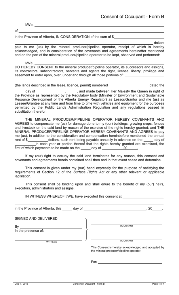 Consent Of Occupant Form B