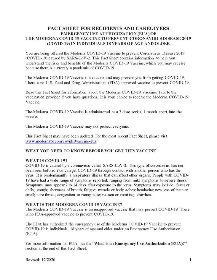 COVID 19 Emergency Use Authorization Form EUA 1 Page 1 Family 