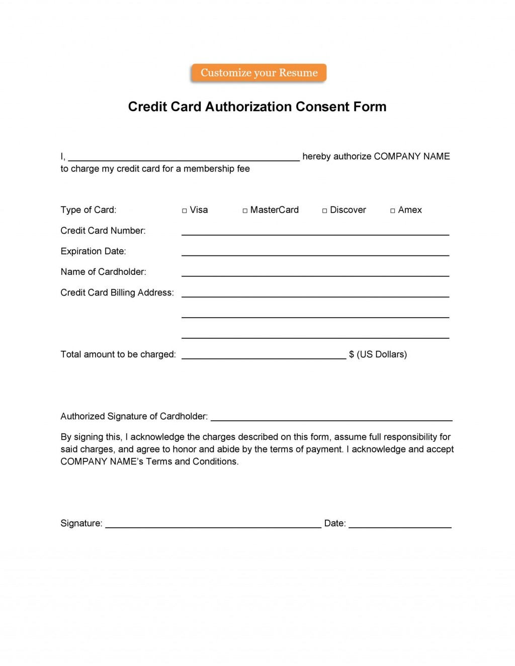 Credit Card Authorization Form Template Word