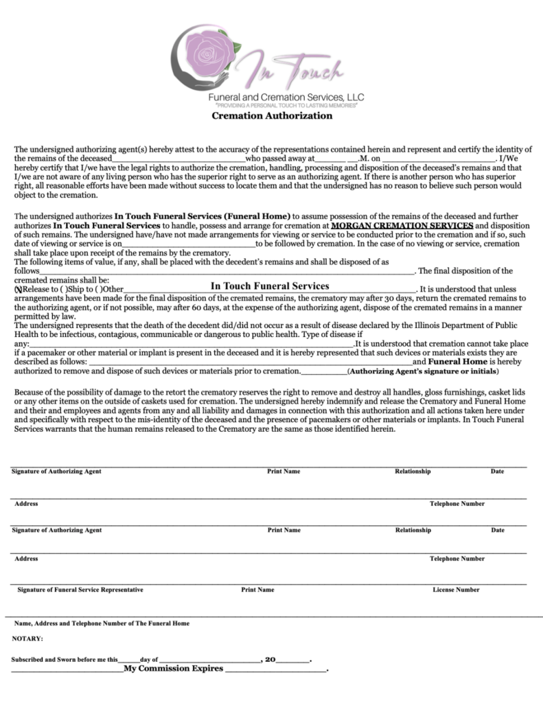 CREMATION AUTHORIZATION In Touch Funeral And Cremations Services LLC 