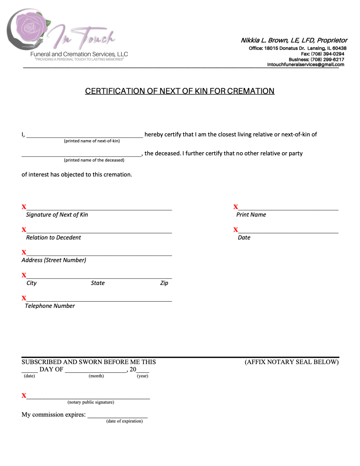 CREMATION AUTHORIZATION In Touch Funeral And Cremations Services LLC