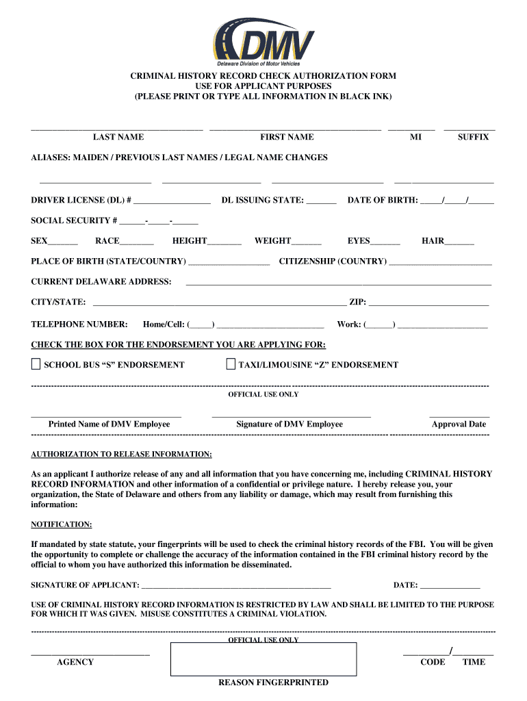 Criminal History Record Authorization Form Fill Out And Sign 