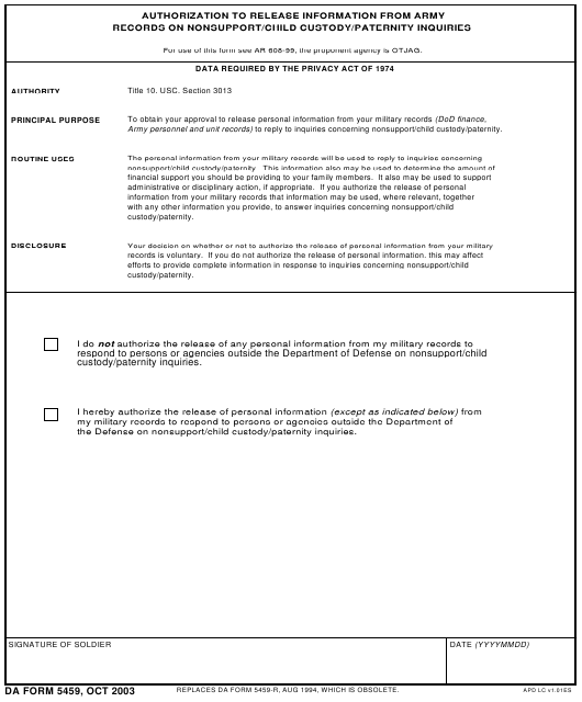 DA Form 5459 Download Fillable PDF Or Fill Online Authorization To 