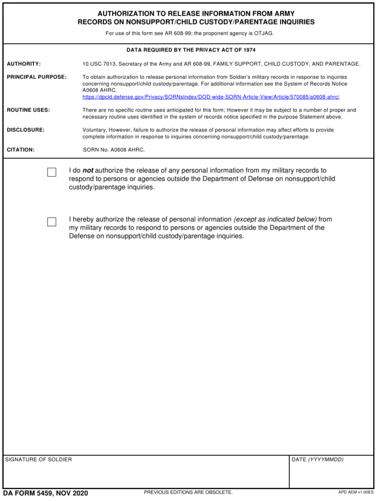 DA Form 5459 Download Fillable PDF Or Fill Online Authorization To 