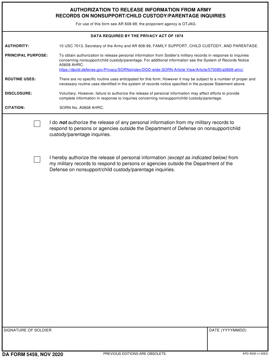 DA Form 5459 Download Fillable PDF Or Fill Online Authorization To 