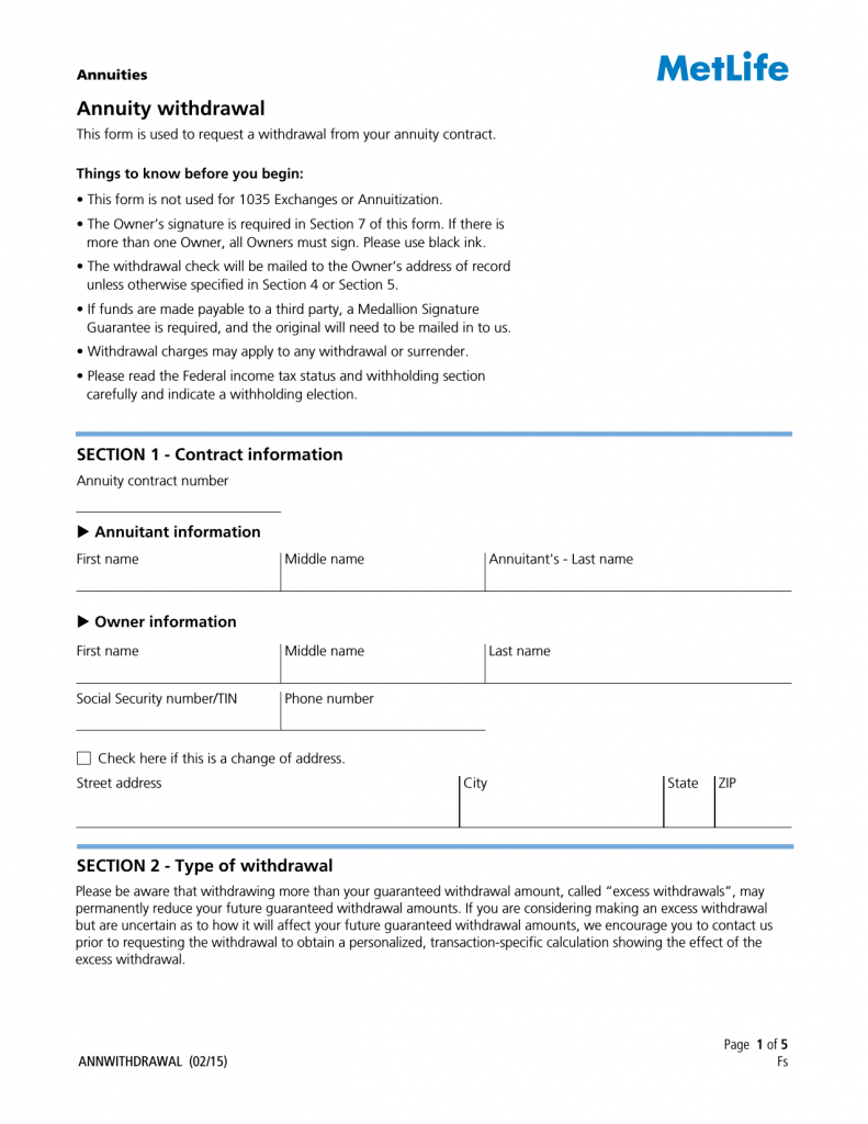 Download MetLife Annuity Withdrawal Form PDF RTF Word 