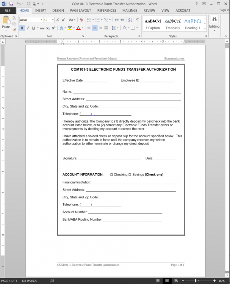 Electronic Funds Transfer Deposit Form Template