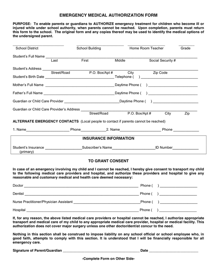 Emergency Medical Authorization Form In Word And Pdf Formats