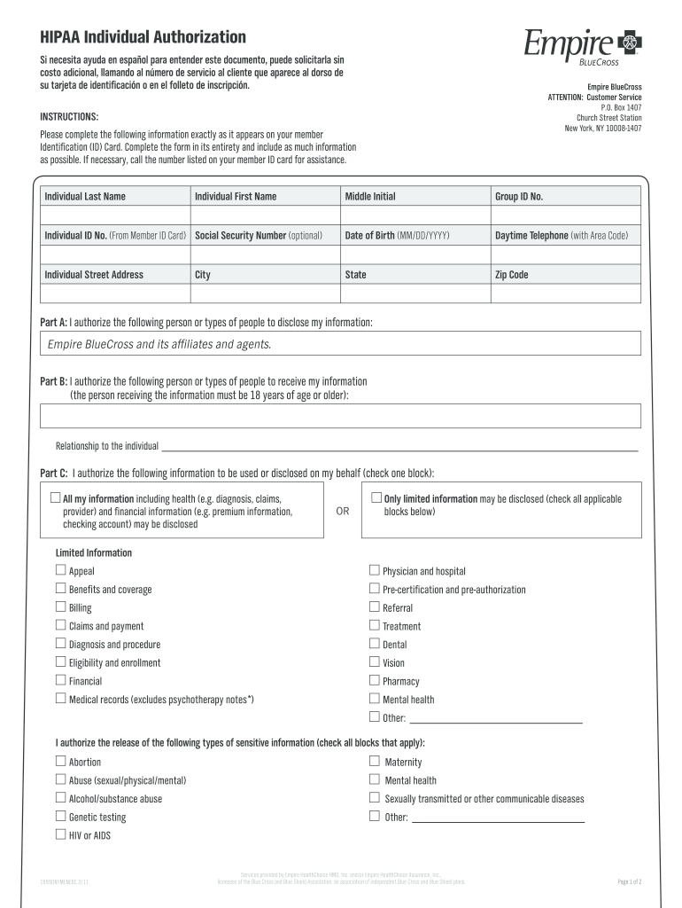 Empire Blue Cross Blue Shield Authorization Form Fill Out Sign