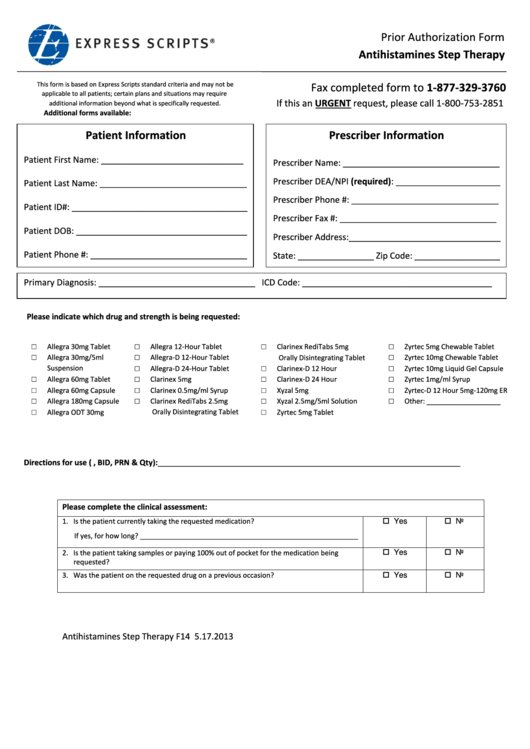 Express Scripts Prior Authorization Form Antihistamines Step Therapy 