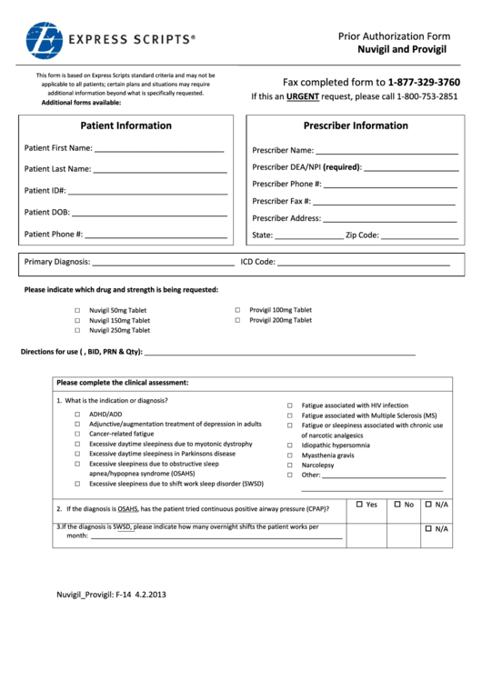 Express Scripts Prior Authorization Form Nuvigil And Provigil 