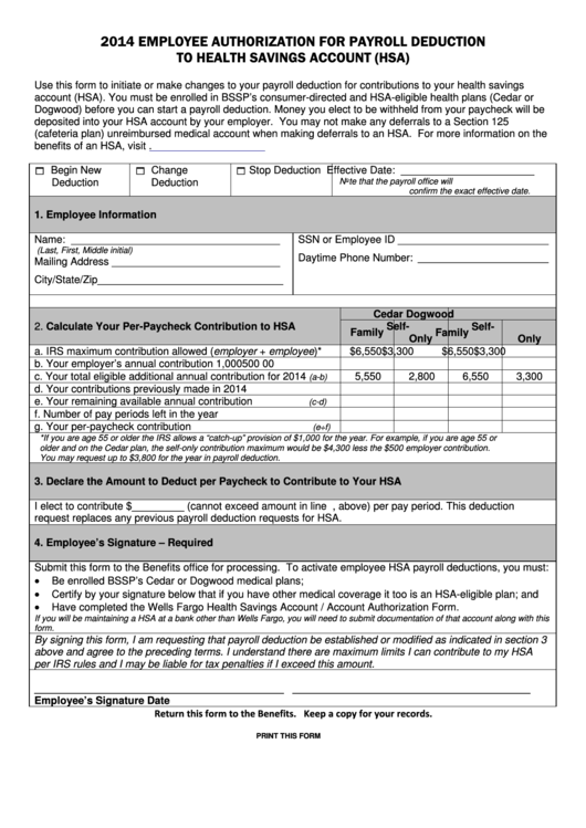 Fillable 2014 Employee Authorization For Payroll Deduction To Health 