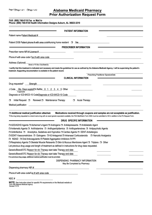 Fillable Alabama Medicaid Pharmacy Prior Authorization Request Form 