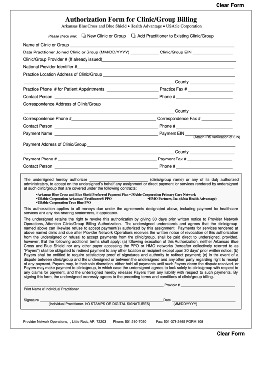 Fillable Bcbs Authorization Form For Clinic group Billing Printable Pdf