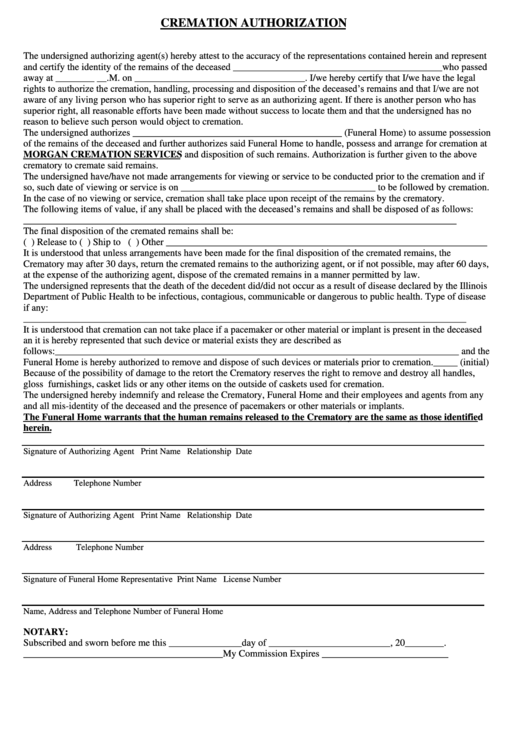 Fillable Cremation Authorization Form Printable Pdf Download