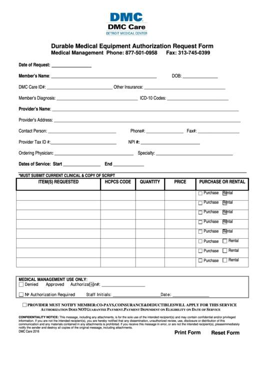 Fillable Durable Medical Equipment Authorization Request Form Printable