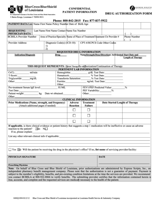 Fillable Form 04hq1094 Drug Authorization Form Bcbs Of Louisiana 