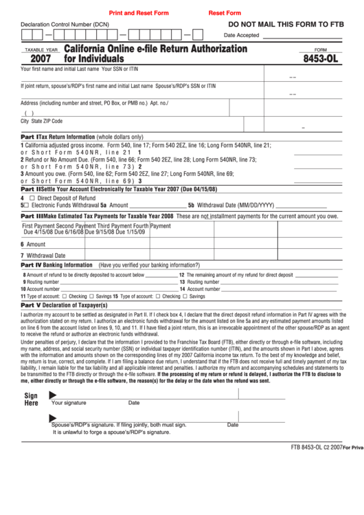 Fillable Form 8453 Ol California Online E File Return Authorization 