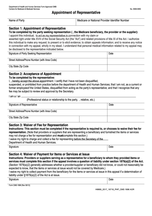 Fillable Form Cms 1696 Appointment Of Representative Printable Pdf 