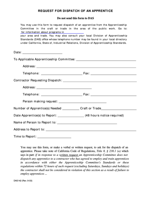 Fillable Form Das142 Request For Dispatch Of An Apprentice Printable 