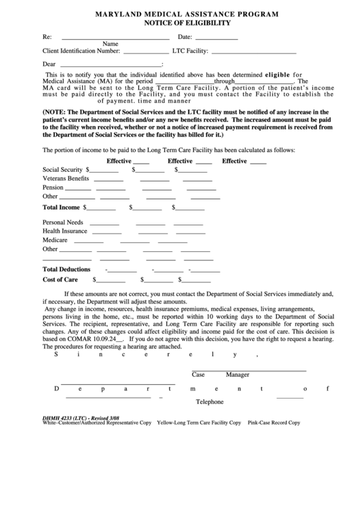 Fillable Form Dhmh 4233 Maryland Medical Assistance Program Notice