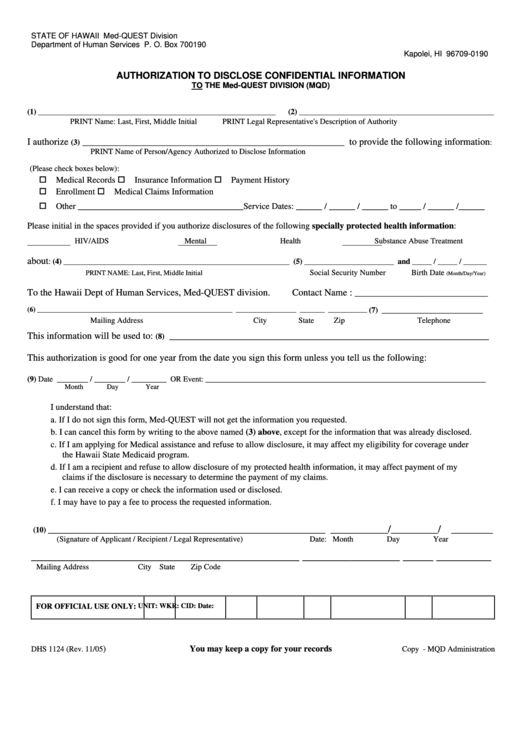 Fillable Form Dhs 1124 Authorization To Disclose Information Printable