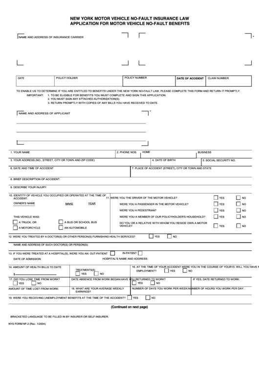 Fillable Form Nf 2 Application For Motor Vehicle No Fault Benefits 