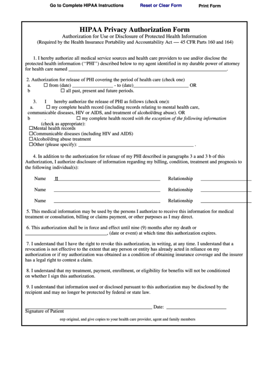 Fillable Hipaa Privacy Authorization Form Printable Pdf